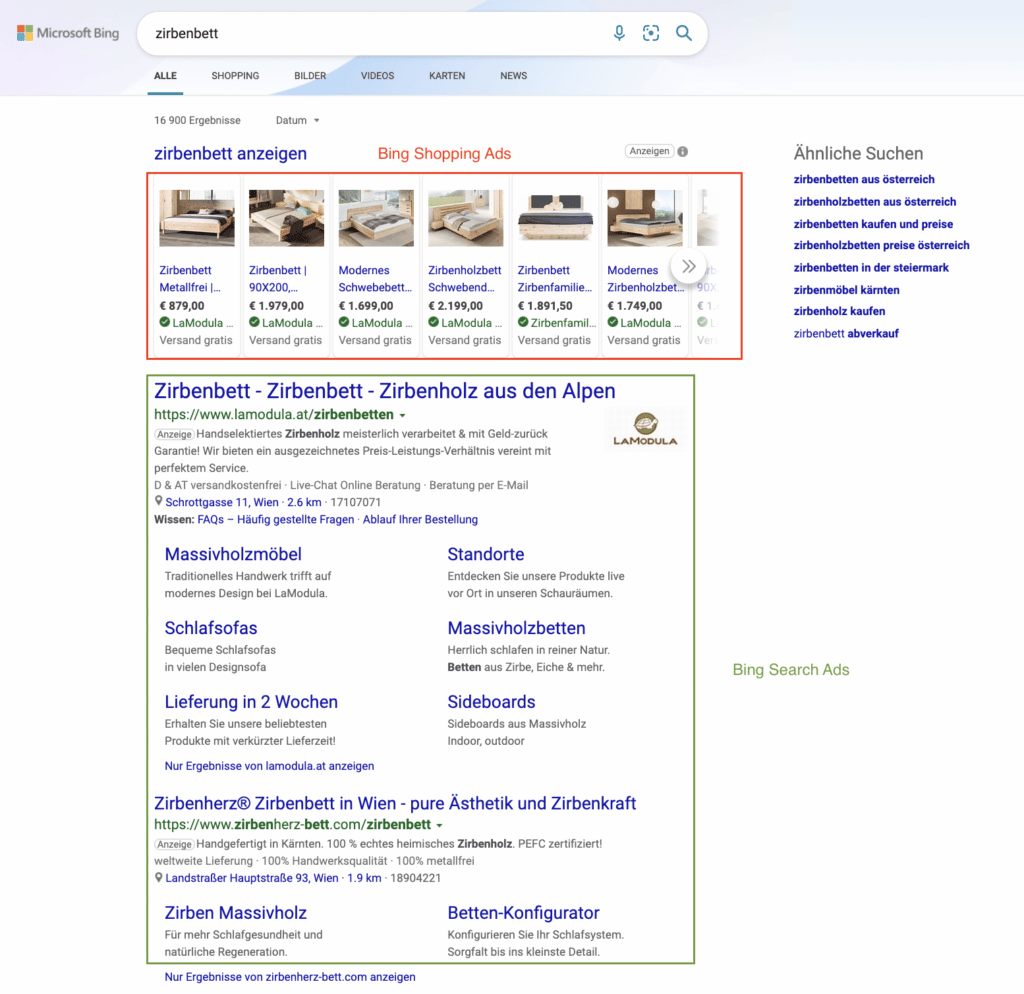 Bing Suchergebnisseite: Shopping-Anzeigen in Rot, Suchnetzwerk-Anzeigen in grün